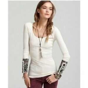 Free People Hyperactive Black Cuff Waffle Thermal Cream Long Sleeve Top Size Med